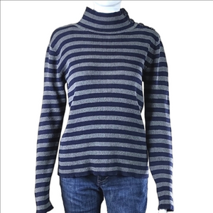 LRL Lauren Jeans Co Cotton Knit Grey & Navy Stripe Mock Neck Pullover Sw…